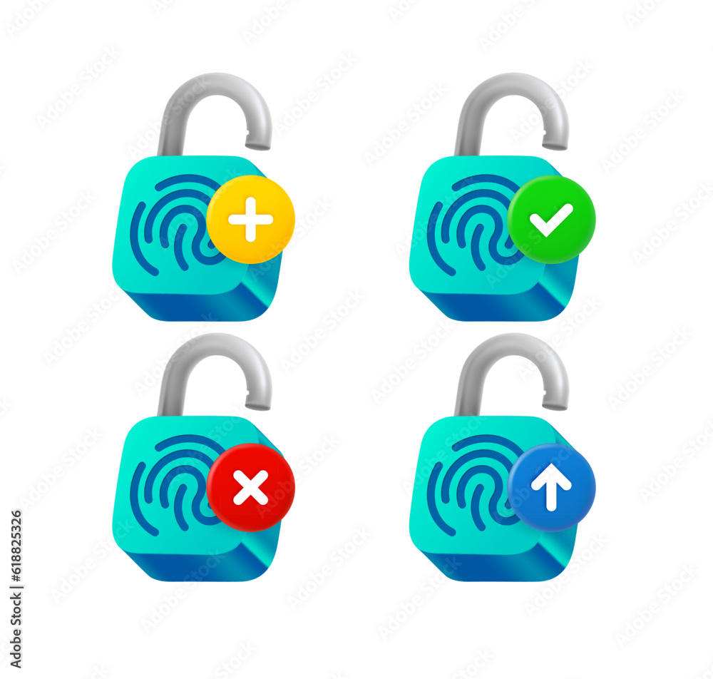 Fototapete Opened padlock with fingerprint scaner icon set with different pictograms. 3d vector icons set