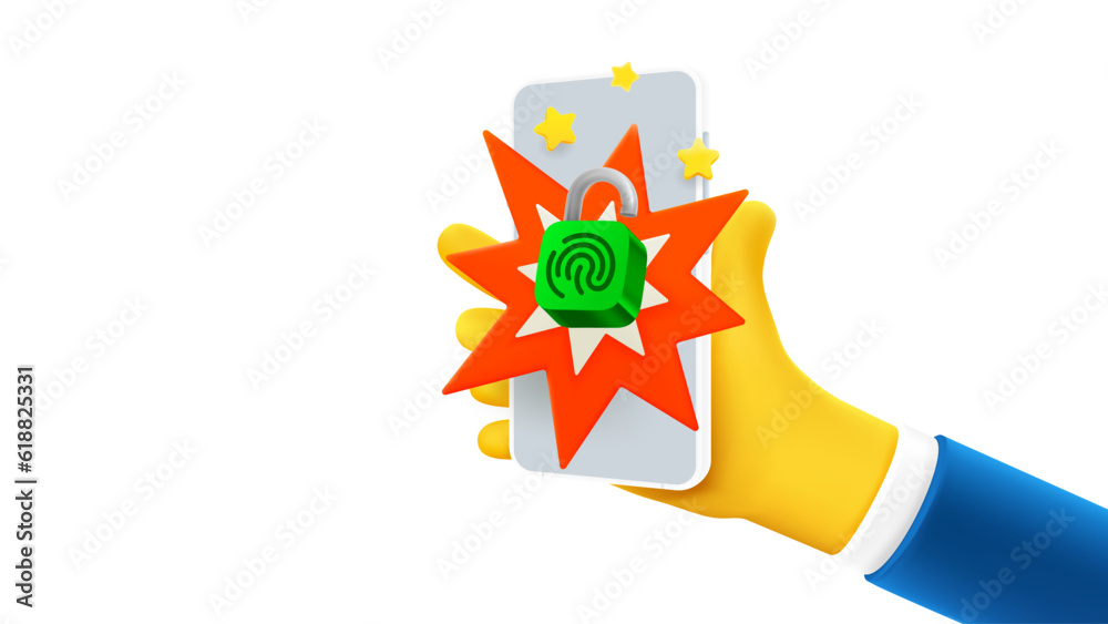 Poster Man holding smartphone with padlock on the screen. 3d vector banner with copy space