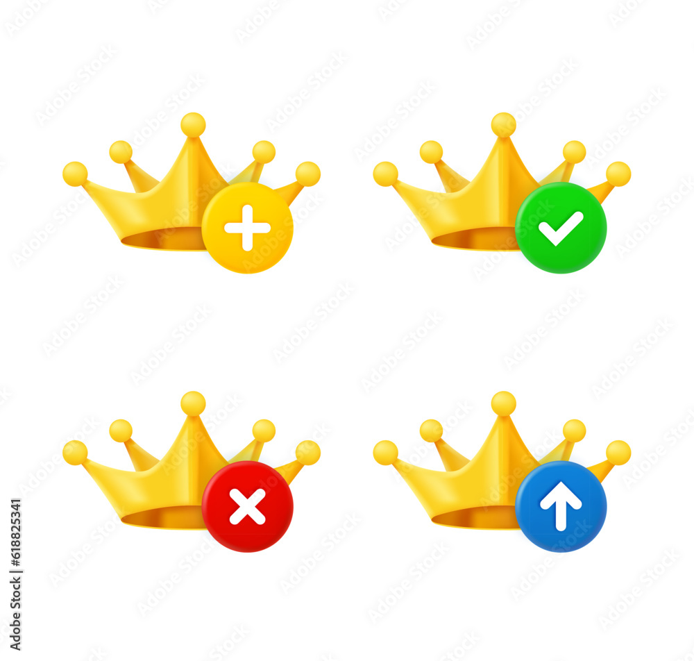 Aufkleber golden crown icon set with different pictograms. 3d vector icons set