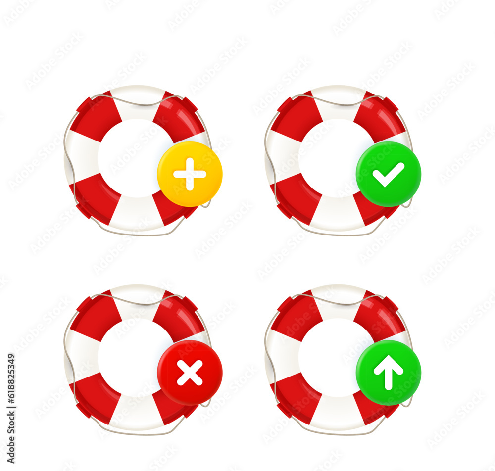 Poster Lifebuoy icons set with different pictograms. 3d vector icons set isolated on white background