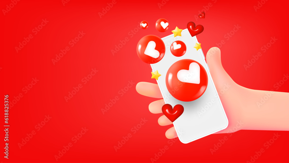Poster man holding smartphone with social media icons. 3d banner with copy space