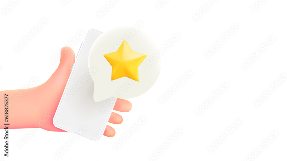 Poster Man holding smartphone with rating icon. 3d banner with copy space