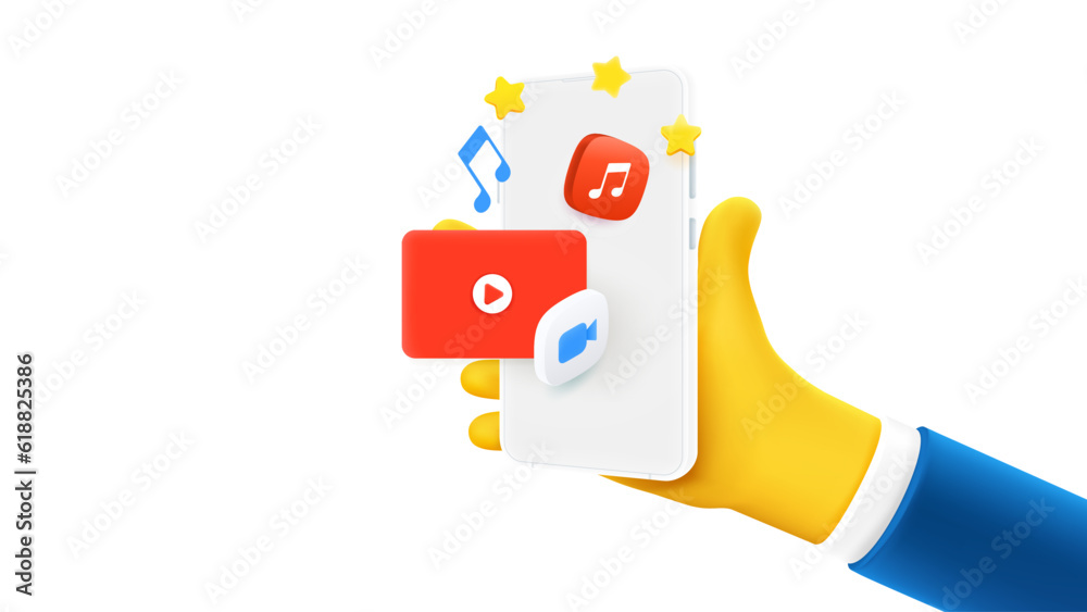 Poster Man holding smartphone with entartainment application on the screen. 3d vector banner with copy space