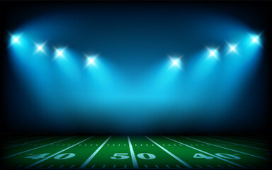 Illuminated american football stadium with projectors. 3d vector illustration © tovovan