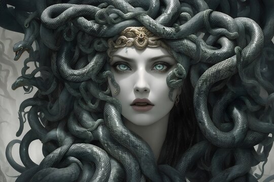 Fearsome Gaze of Medusa: Encounter the captivating visage of Medusa, her hair entwined with snakes and petrifying eyes, in this chilling and mesmerizing image