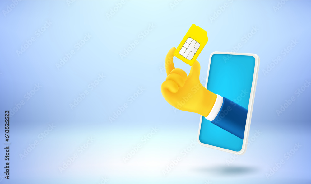 Poster smartphone and hand holding gold sim card. 3d vector banner with copy space