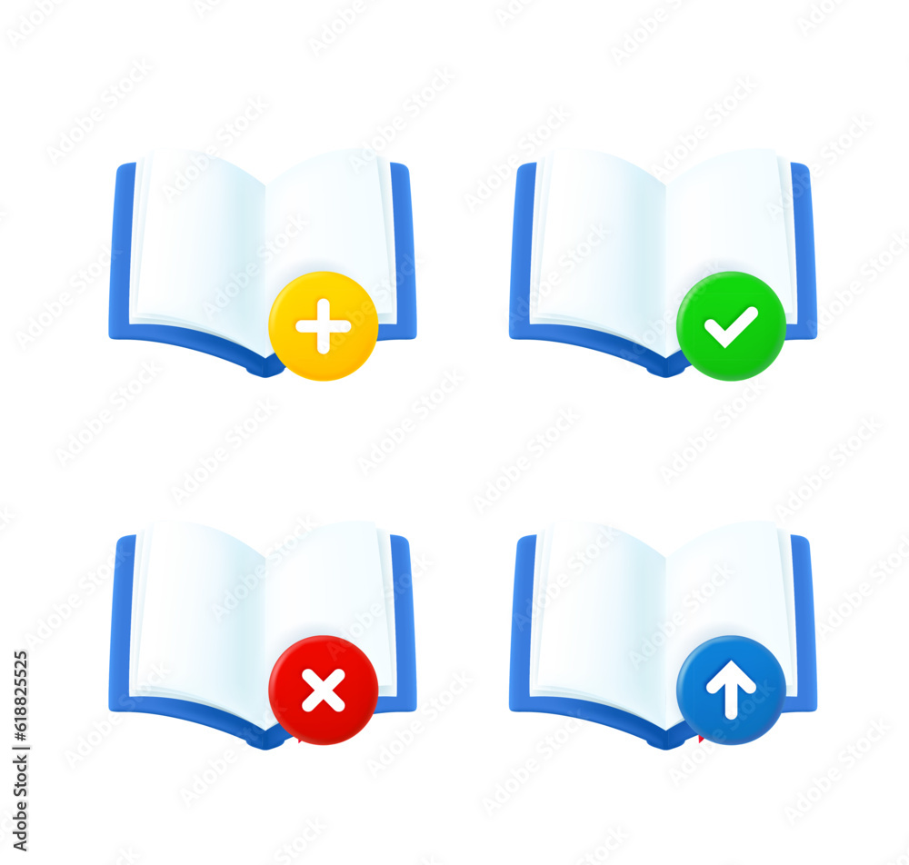 Poster Open book set with different pictograms. 3d vector icons set