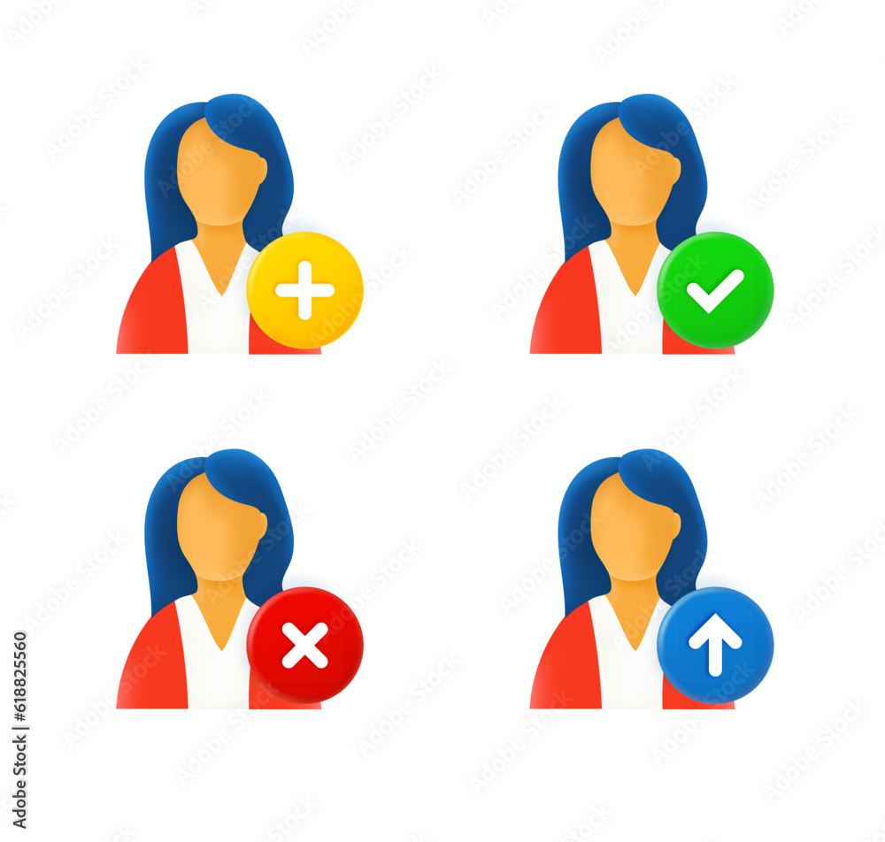 Poster woman icon set with different pictograms. 3d vector icons set