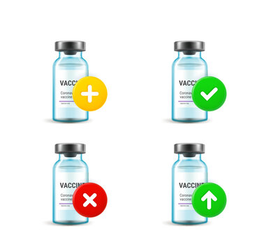 Vaccine vial set with different pictograms. 3d vector icons set