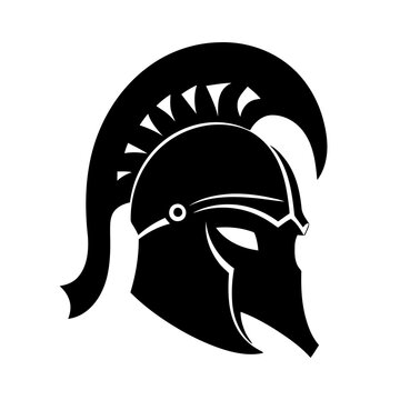 Knight warrior helmet. Black icon of helmet of Roman soldier or gladiator.