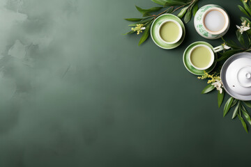 Top view of the ceramic tea set and green tea leaves. Asian tea ceremony, banner template with copy space, dark green background. Generative AI.