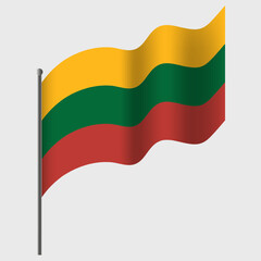 Waved Lithuania flag. Lithuanian flag on flagpole. Vector emblem of Lithuania