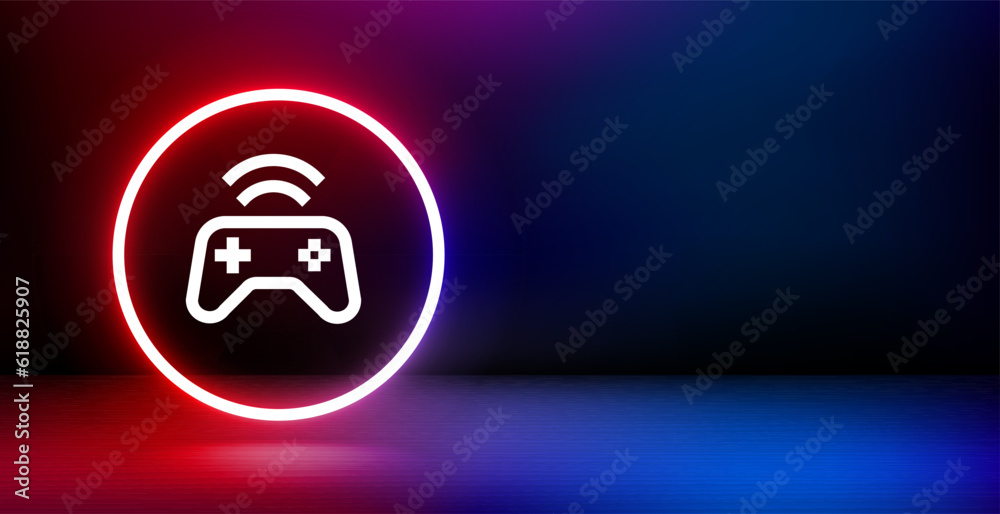 Aufkleber Banner with shining neon frame and gamepad icon. 3d vector illustration with copy space