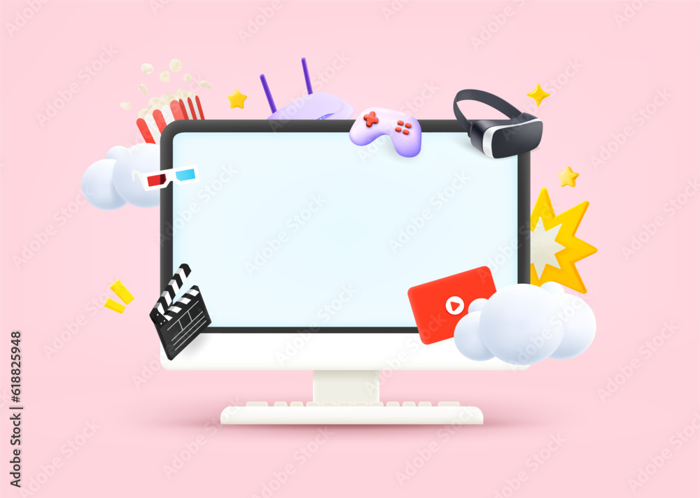 Poster Computer monitor with video entertainment elements and blank screen. 3d vector illustration
 