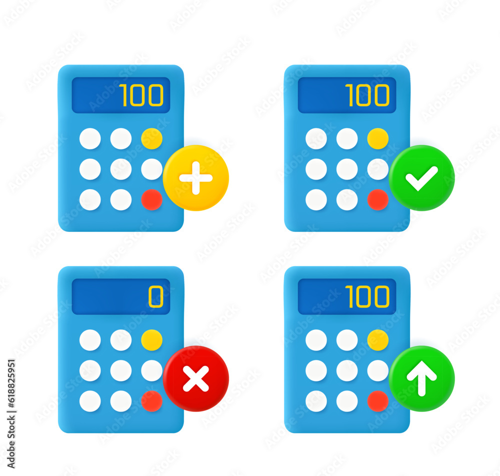 Poster Calculator icon set with different pictograms. 3d vector icons set