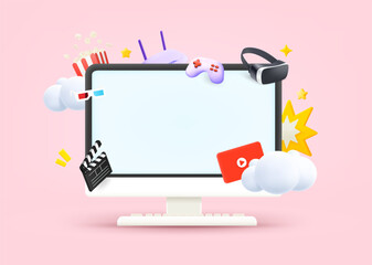 Computer monitor with video entertainment elements and blank screen. 3d vector illustration
 