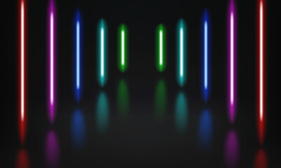 Abstract studio with glowing vibrant neon lights. 3d vector illustration