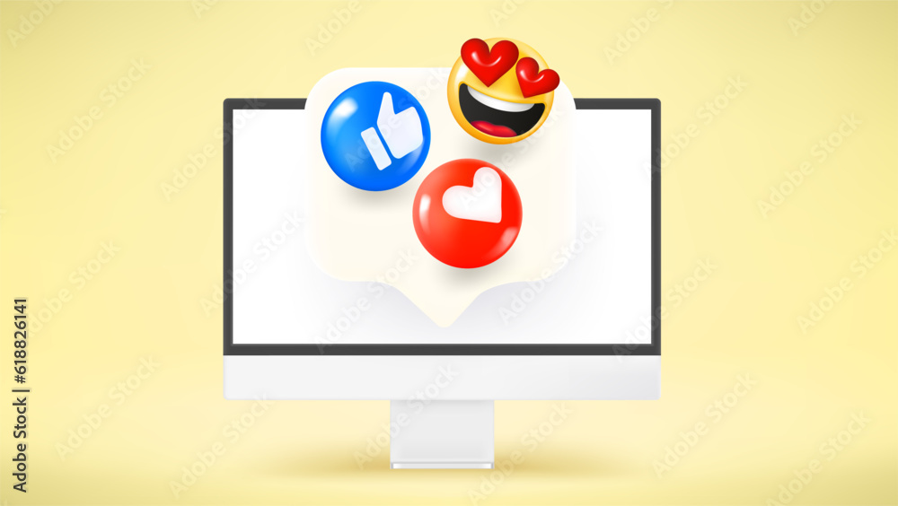 Poster modern computer with emojis. 3d vector illustration