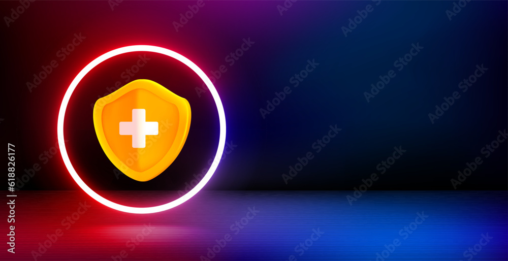 Aufkleber Product showcase and shining neon frame with shield sign. 3d vector banner with copy space