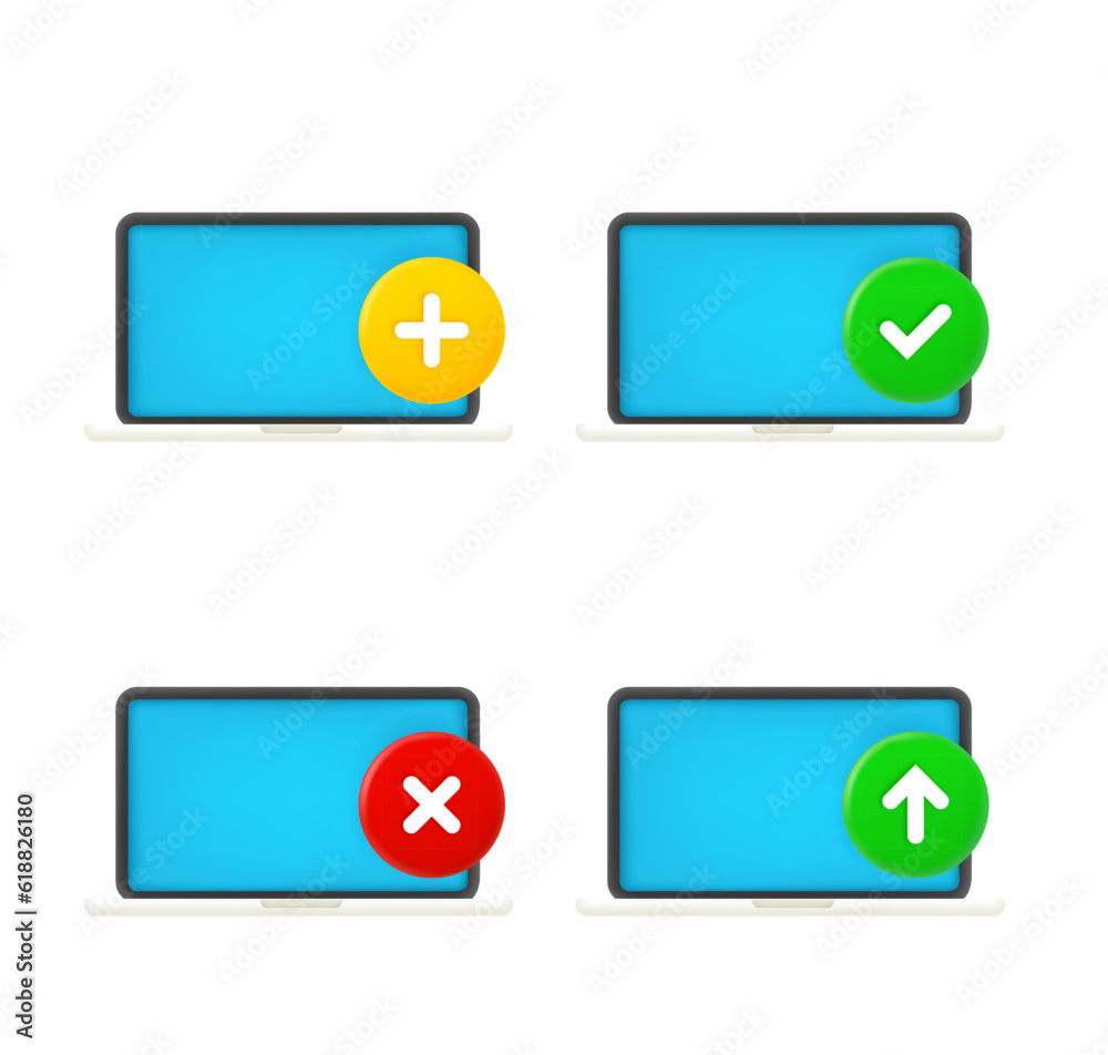 Poster Laptop icons set with different pictograms. 3d vector icons set isolated on white background