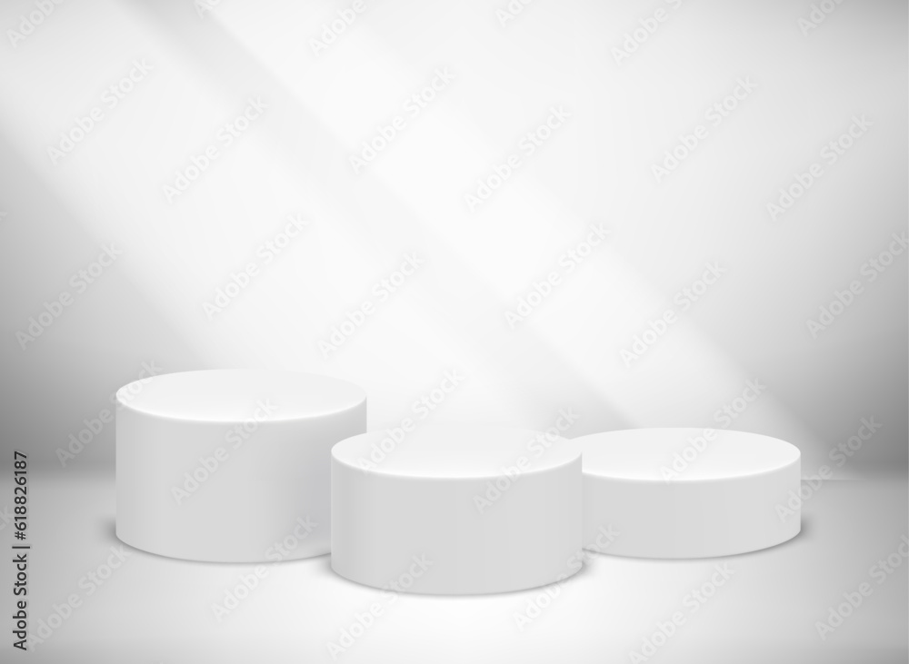 Poster bright studio with sun flare and podium. 3d vector illusration