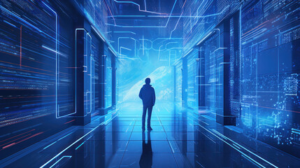 Cutting-edge Vision: Tech Guru in Futuristic Data Center Utilizing Laptop Amidst Warehouse, Streamlined Digitalization with Server-Based Information. SAAS, Cloud Computing, Web Service Empowered