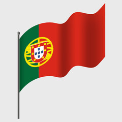 Waved Portugal flag. Portuguese flag on flagpole. Vector emblem of Portugal