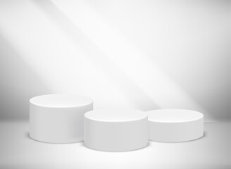 Bright studio with sun flare and podium. 3D vector illusration 