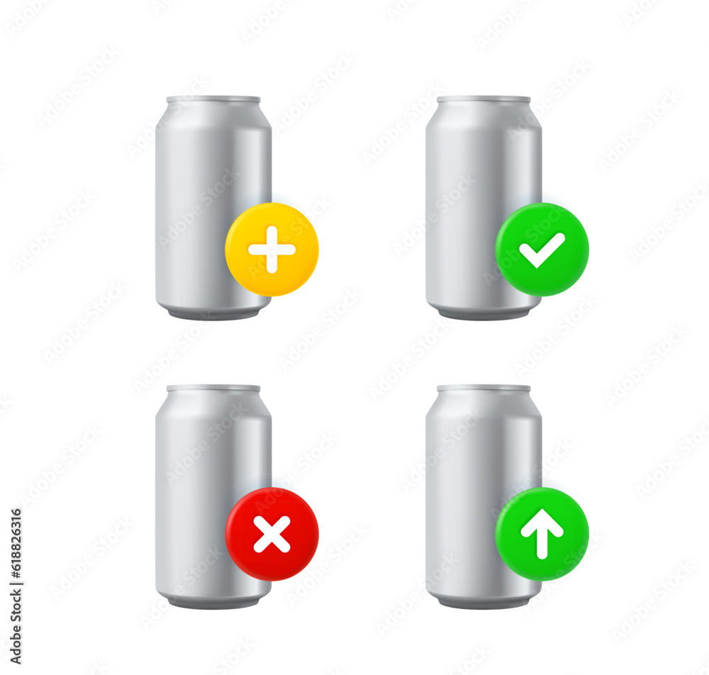 Fototapete metal can icons set with different pictograms. 3d vector icons set isolated on white background
