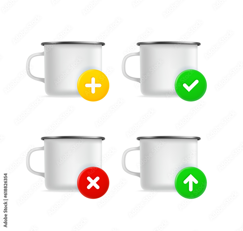 Poster metal mug icons set with different pictograms. 3d vector icons set isolated on white background