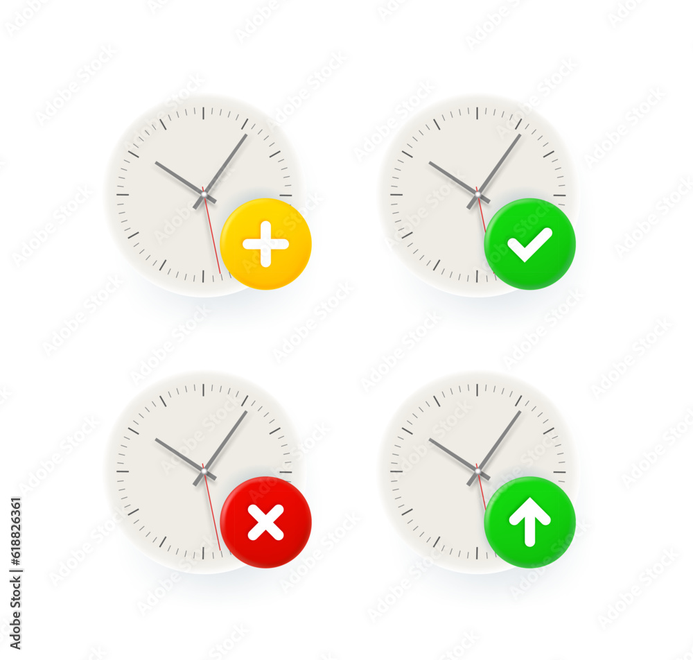 Fototapete clock icons set with different pictograms. 3d vector icons set isolated on white background