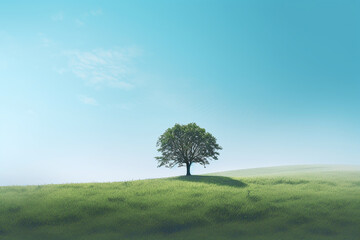 Fototapeta na wymiar A grassy hill covered with greenery and a solitary tree. copy space. Generative AI,