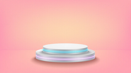 Pink interior with white podium. Vector 3d mockup for product design