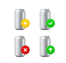 Metal can icons set with different pictograms. 3d vector icons set isolated on white background