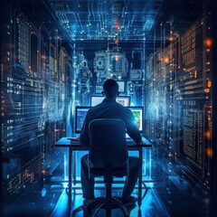 Cutting-edge Vision: Tech Guru in Futuristic Data Center Utilizing Laptop Amidst Warehouse, Streamlined Digitalization with Server-Based Information. SAAS, Cloud Computing, Web Service Empowered