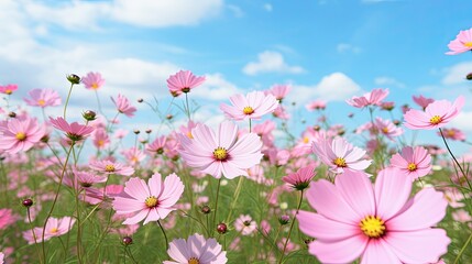 Flower Blossom in a Cosmos Garden: Stunning Pink Blooms in a Field with Green Background and Sky: Generative AI