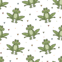 Seamless vector pattern with cute hand drawn frogs. Kawaii animal theme texture. Fun background for kids room decor, nursery art, packaging, wrapping paper, textile, fabric, apparel, wallpaper, gift.