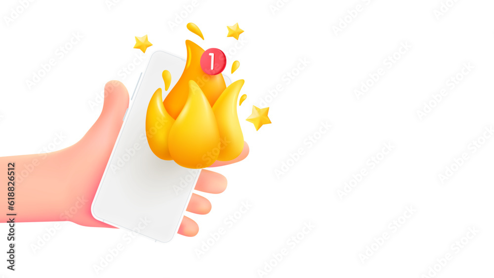 Poster man holding smartphone with new hot message. 3d banner with copy space