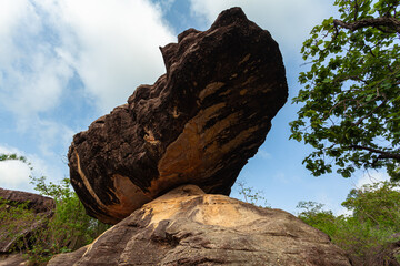 .The morning sun shines on the many large, beautiful rocks that line the cliff..Numerous strangely...