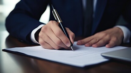 Hand Signing a Contract Form with a Pen. Business Deal and Signature Concept Image for a Single Person. Generative AI