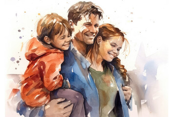Watercolor illustration of father and his children