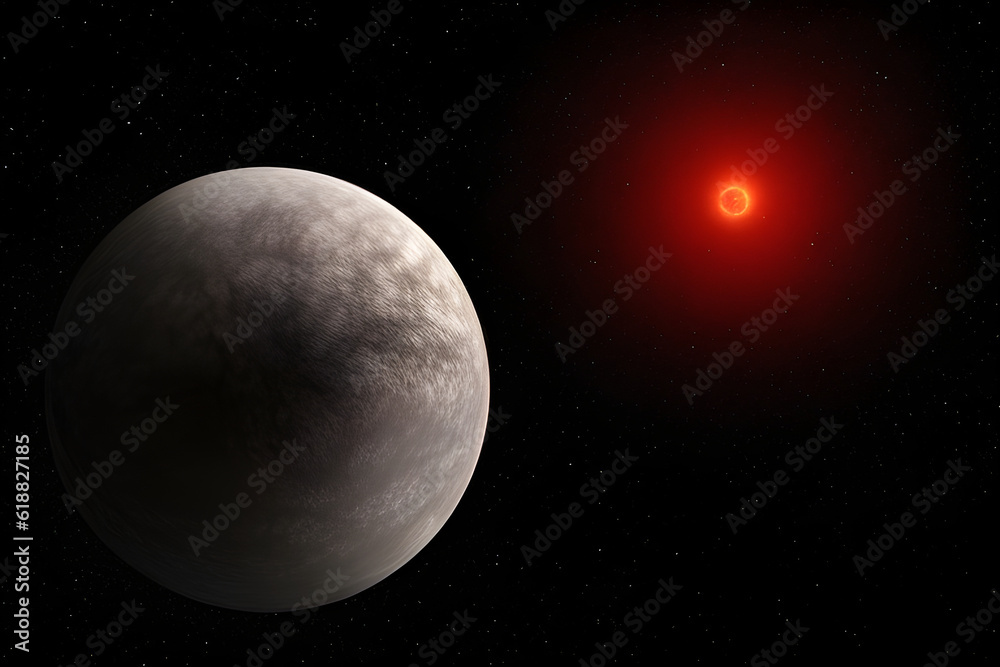 Wall mural exoplanet orbiting around a giant red star. generative artificial intelligence.