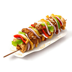 kebab, shashlik, grilled on a skewer, food meat, hand drawn illustration realistic. Cute and funny meat and vegetable for your barbeque party.
