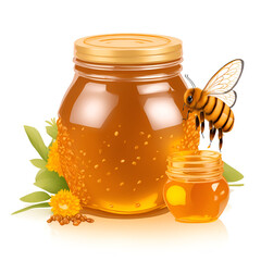 Realistic isolated on white background honey jar and stick with liquid honey flowing. Jar of organic honey.