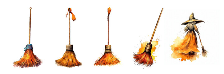 Halloween witch broom  isolated watercolor set generative ai