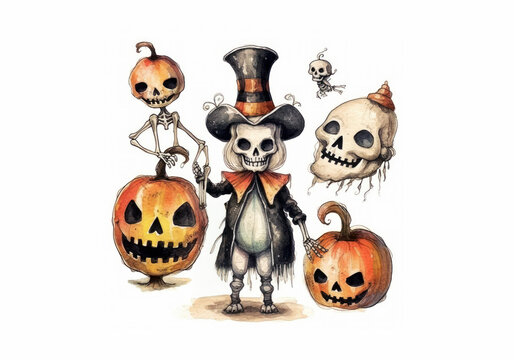Skeletons skulls halloween watercolor generative ai