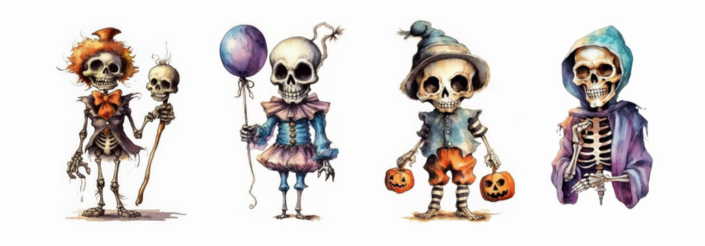 Skeletons halloween watercolor generative ai