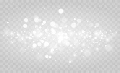 White png dust light. Bokeh light lights effect background. Christmas background of shining dust Christmas glowing light bokeh confetti and spark overlay texture for your design.