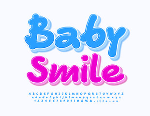 Vector funny Flyer Baby Smile. Bright handwritten Font. Playful Blue Alphabet Letters and Numbers.