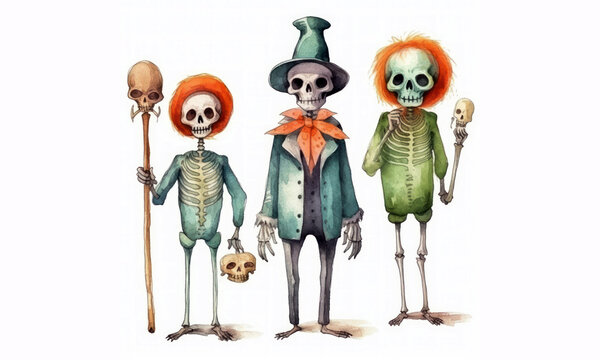 Skeleton halloween isolated watercolor clipart generative ai